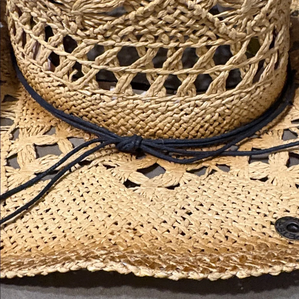 Straw Crochet Cowboy Hat with Bead Band - Natural - Picture 3 of 7